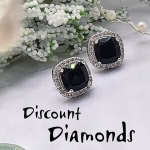 Black Princess Cut Sapphire & White Baguette Diamond Earrings  on 925 Silver